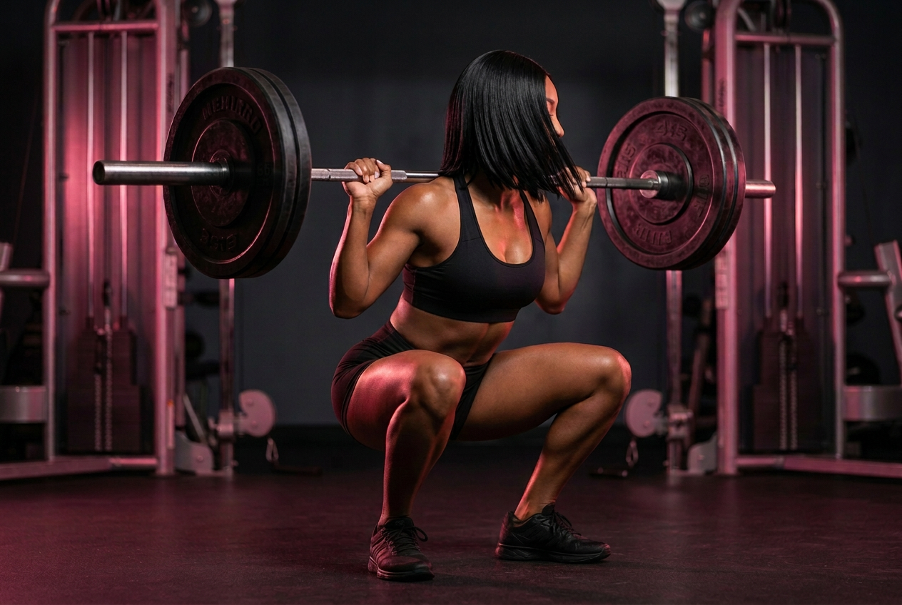 Athletic Black woman performing a loaded barbell squat